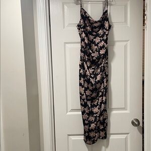 AKIRA Black and Pink Floral Midi Dress with Slit